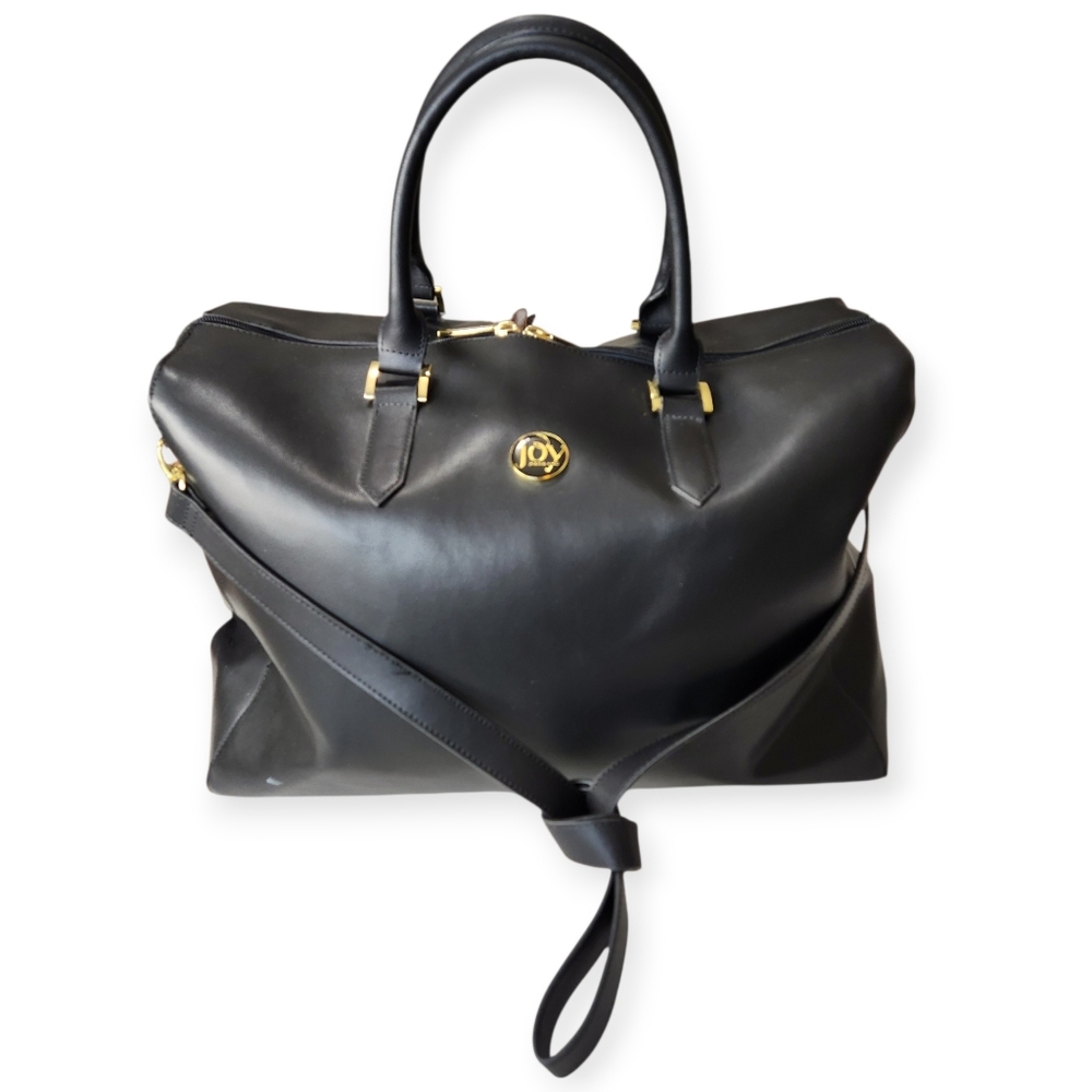 Joy Mangano Black Leather Travel Tote with Gold Hardware